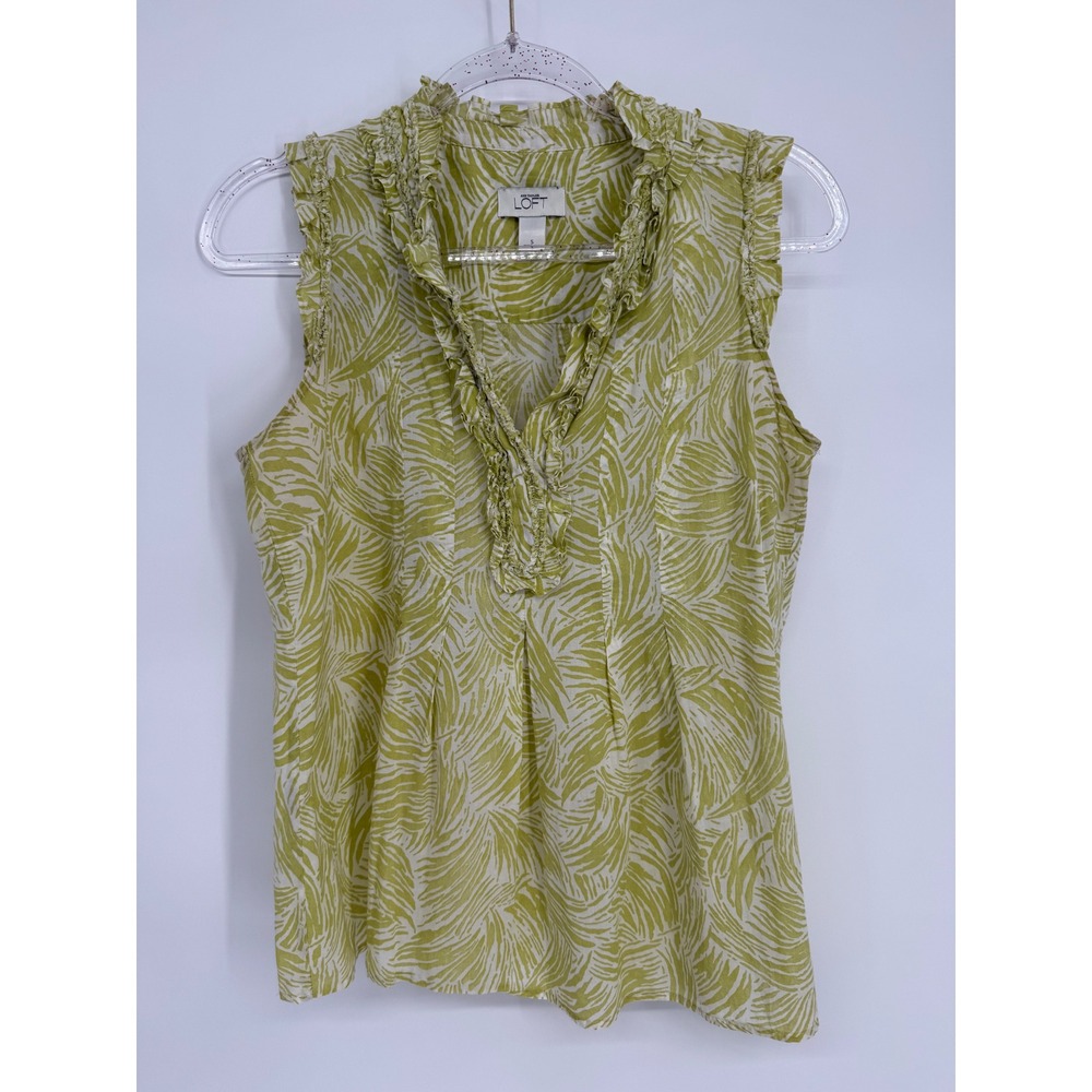 Ann Taylor LOFT Green White Palm Leaf Ruffle V-Neck Sleeveless Blouse Sz S